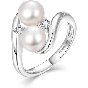 925 Sterling Silver Cubic Zirconia Women's Rings with Two Pearls 7mm  Ring